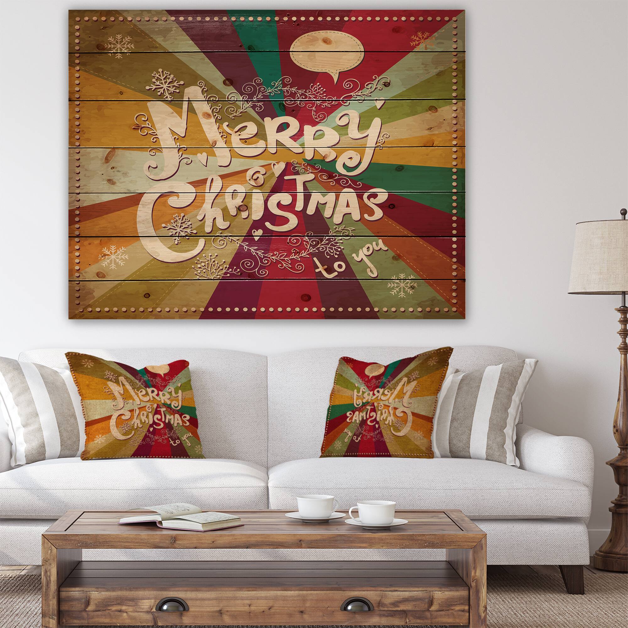 Designart Merry Christmas on Vintage Rainbow Colors Print on Natural Pine Wood